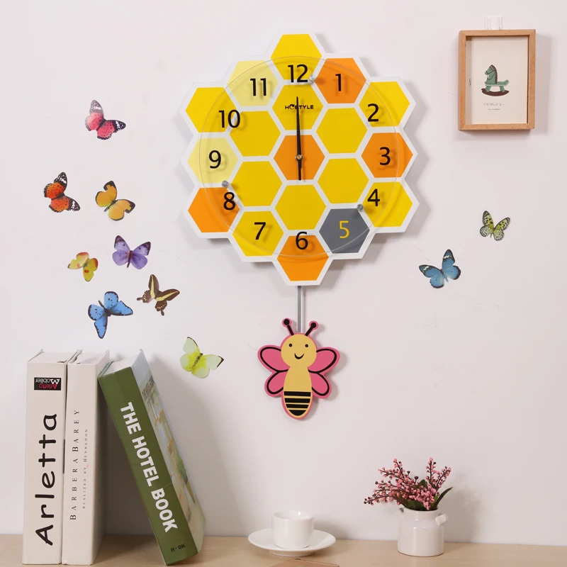 3d Bee Creative Pendulum Clock Children Room Wood Lovely Wall Kids Bedroom Decoration klok Watches Home Decor SC052 | Дом и сад