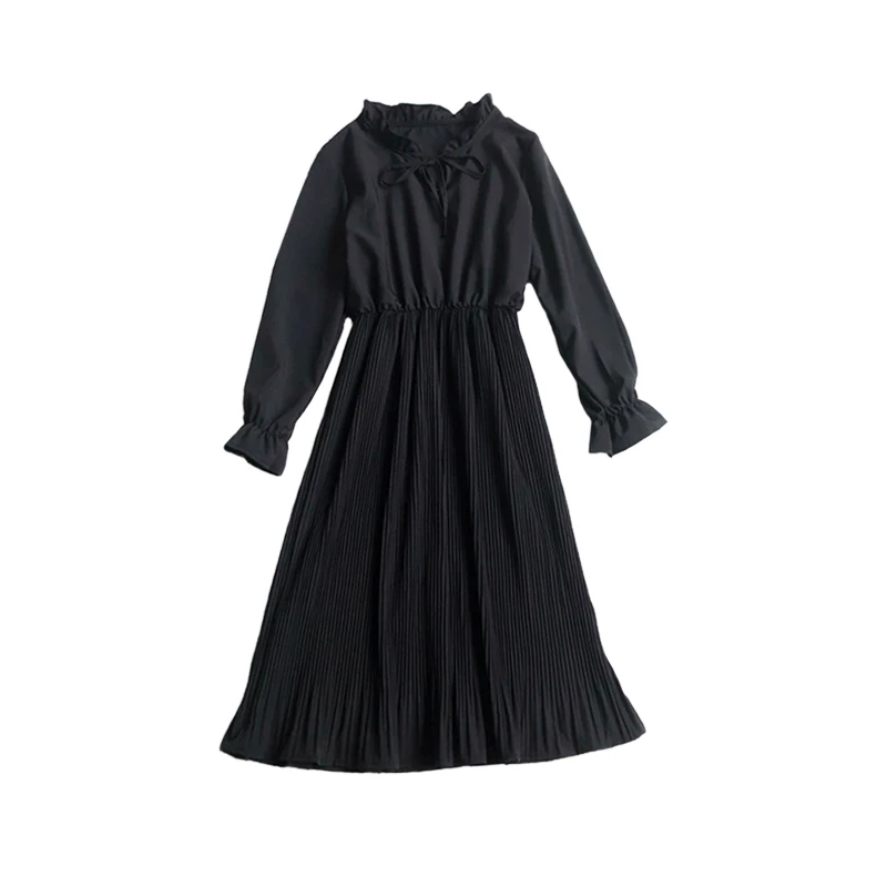 Женское плиссированное платье миди элегантное осеннее с расклешенными рукавами