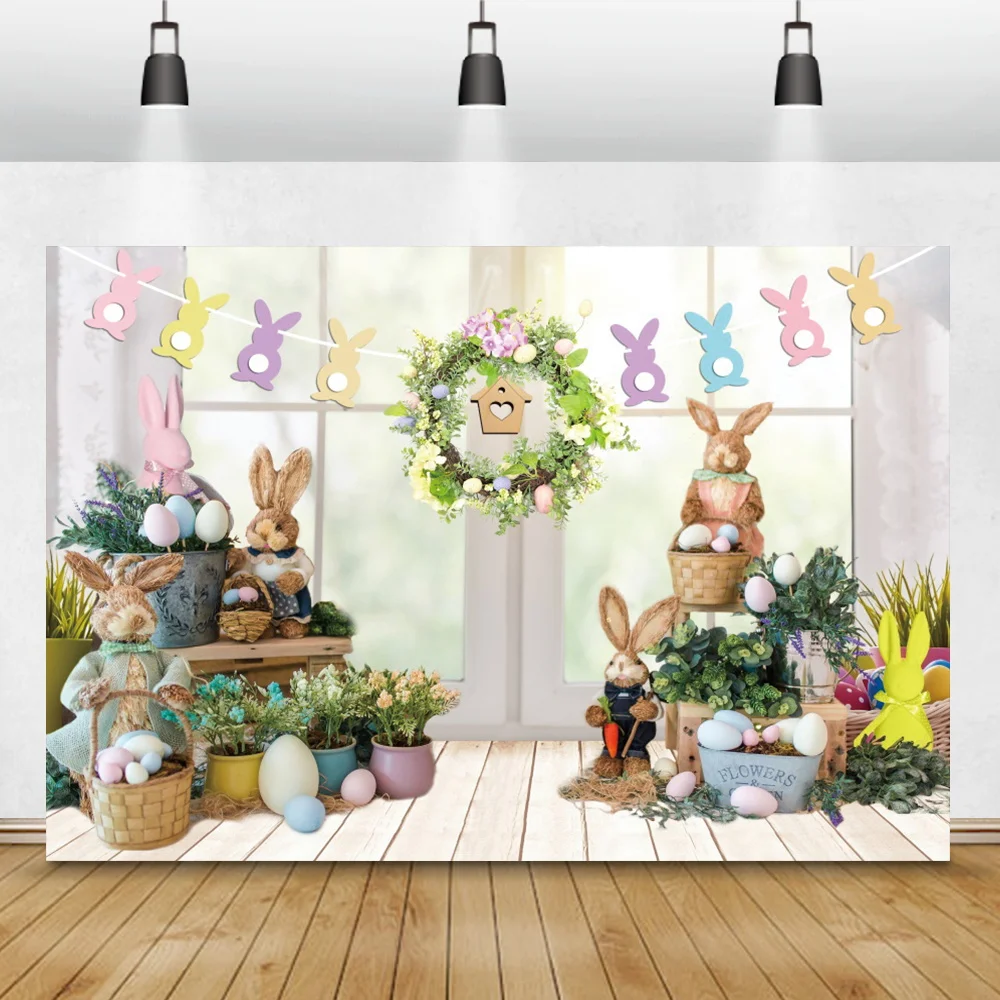

Easter Rabbit Colored Eggs Windowsill Wood Photography Background Interior Child Portrait Photocall Scene Family Photo Backdrop
