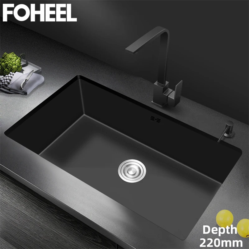 Черная кухонная раковина под основание FOHEEL FKS08 с одной чашей и сетчатым фильтром