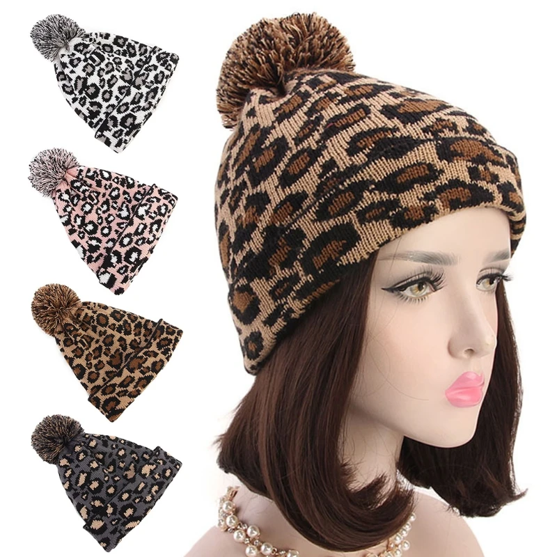 

Women Winter Knitted Beanie Hat Ear Warmer Vintage Leopard Pattern Jacquard Stretch Cuffed Ski Skull Cap with Pom Pom
