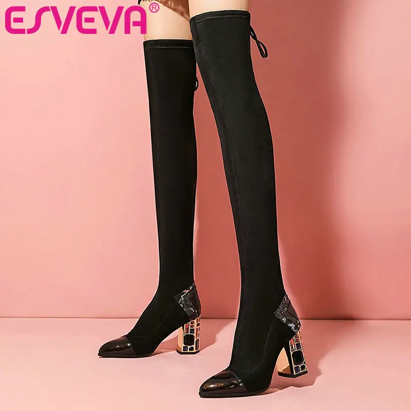 

ESVEVA 2021 Mixed Color Pointed Toe Square High Heel Flock Over The Knee Boots Platform Lace Up Women Boots Shoes Size 34-39