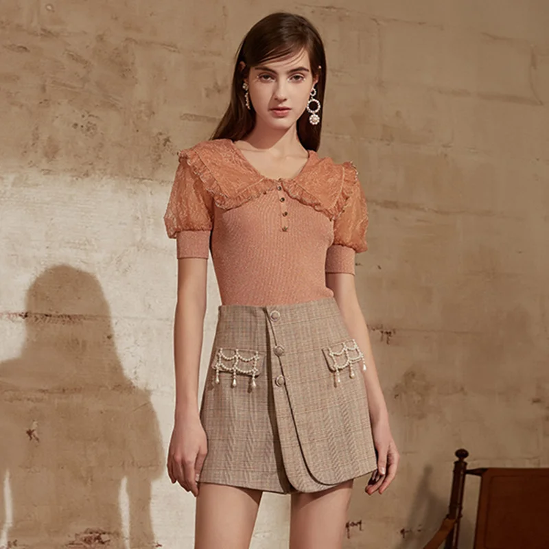 

Fashion Women's Lace Sweater 2021 Summer Peter Pan Collar Puff Sleeve Slim Thin Bodycon Knitted Top Shirt blusa de frio feminina
