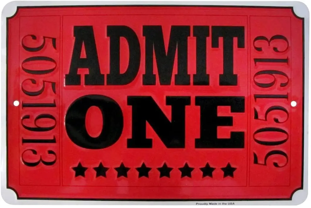 

Treasure Gurus Admit One Red Movie Theatre Ticket Metal Sign Home Theater Wall Decor