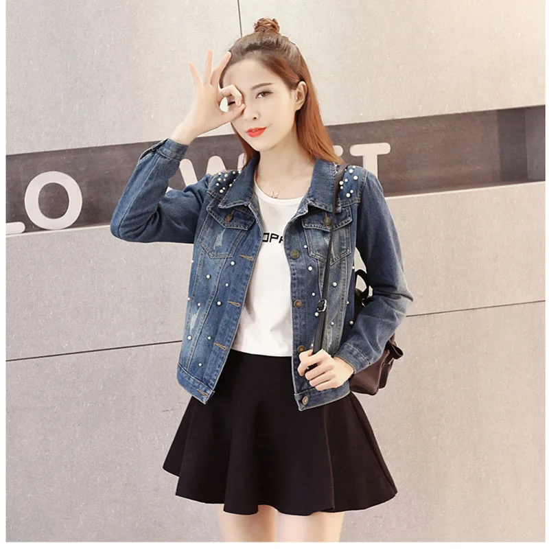 

2021 Spring And Autumn New Plus Fat Plus Size Beaded Denim Jacket Female Fat MM Korean Short Slim Female Top