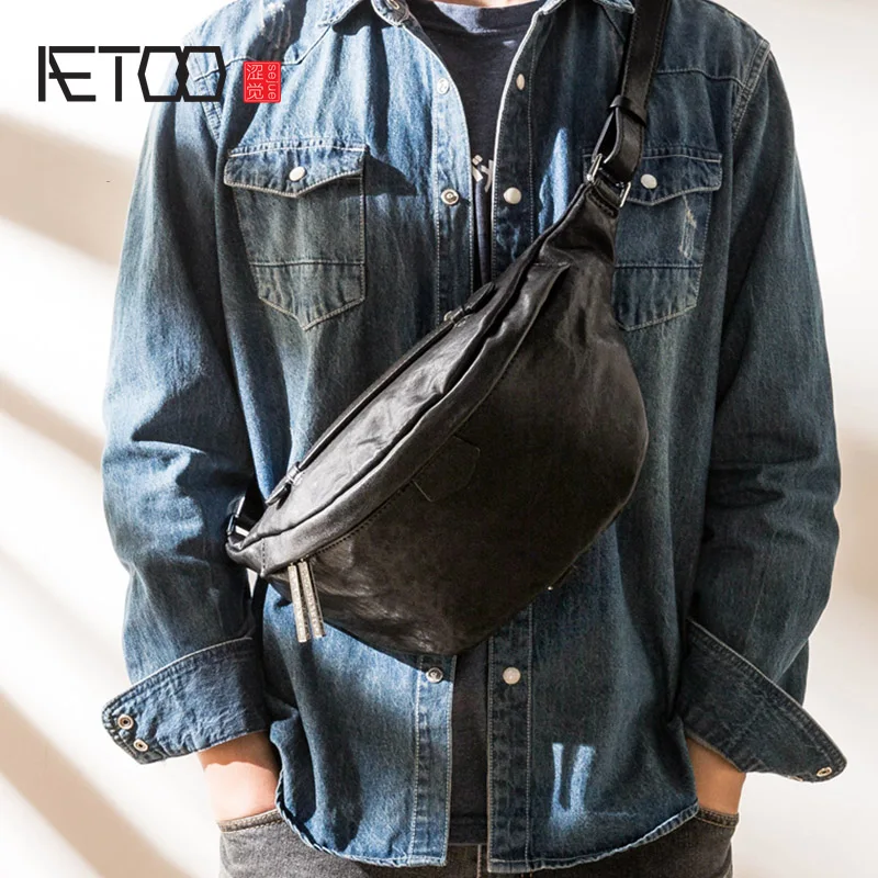 AETOO All-match leather men s chest bag, men s fashion trend messenger bag, casual top layer cowhide shoulder bag