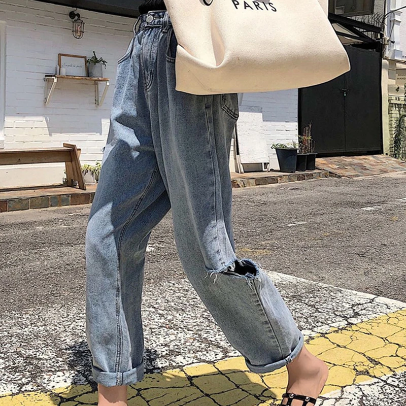 Женские джинсы с дырками свободные универсальные простые облегающие прямые