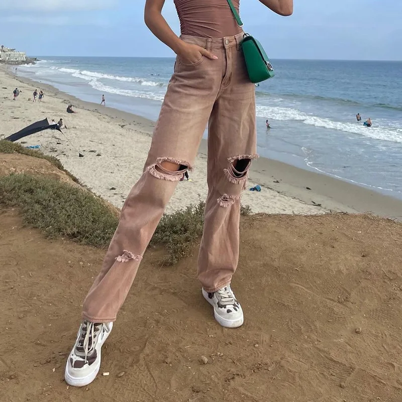 WeiYao Vintage Ripped Hot Baggy Brown Jeans Joggers Fashion High Waist Denim Trousers Streetwear Grunge Fairycore Pants