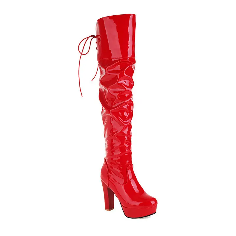 Red shiny low waterproof thick high-heeled women's over-the-knee boots, back lace feminine thigh boots images - 6