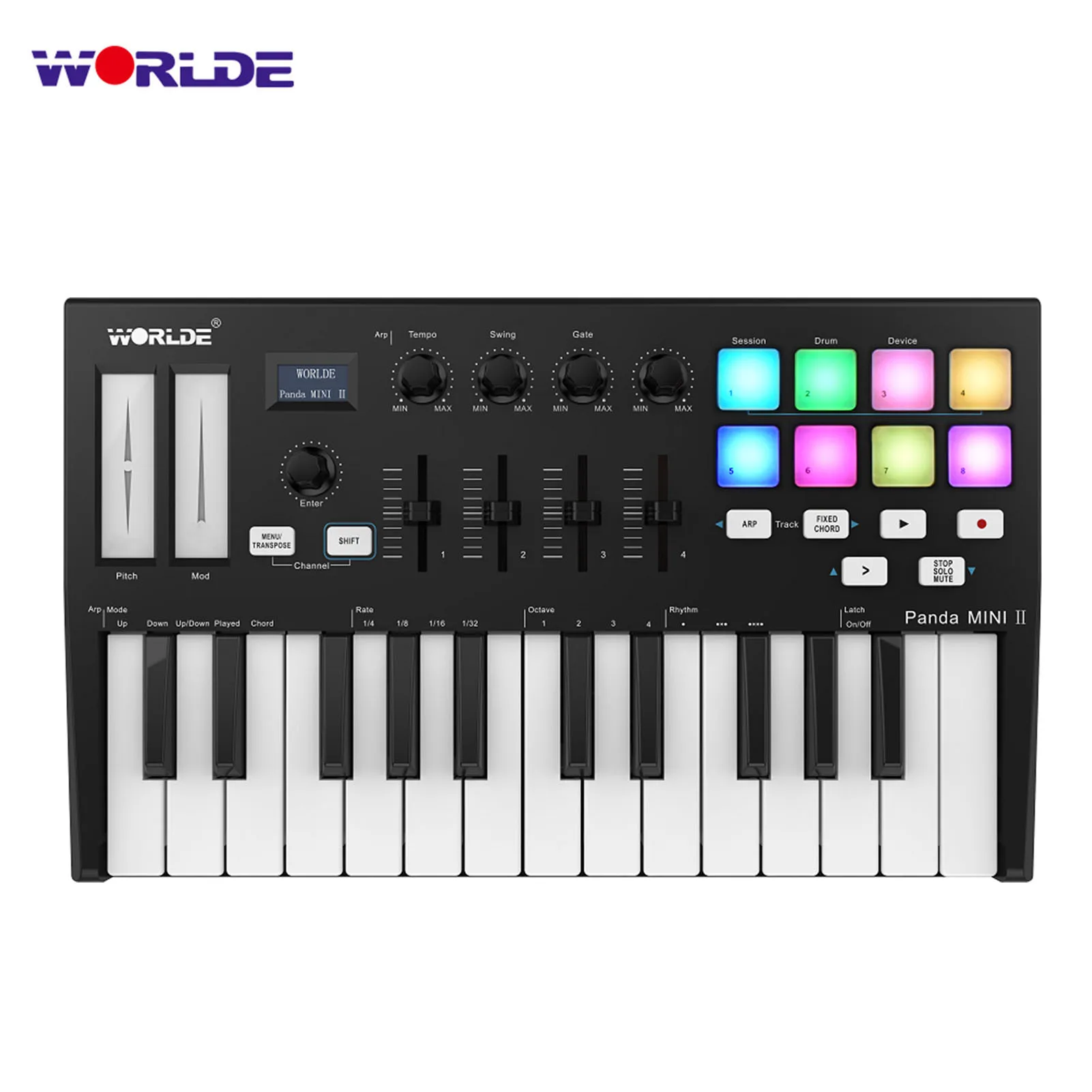 

WORLDE Panda MINI II Portable 25-Key USB MIDI Keyboard Controller with 8 RGB Backlit Trigger Pads 4 Assignable Control Knobs