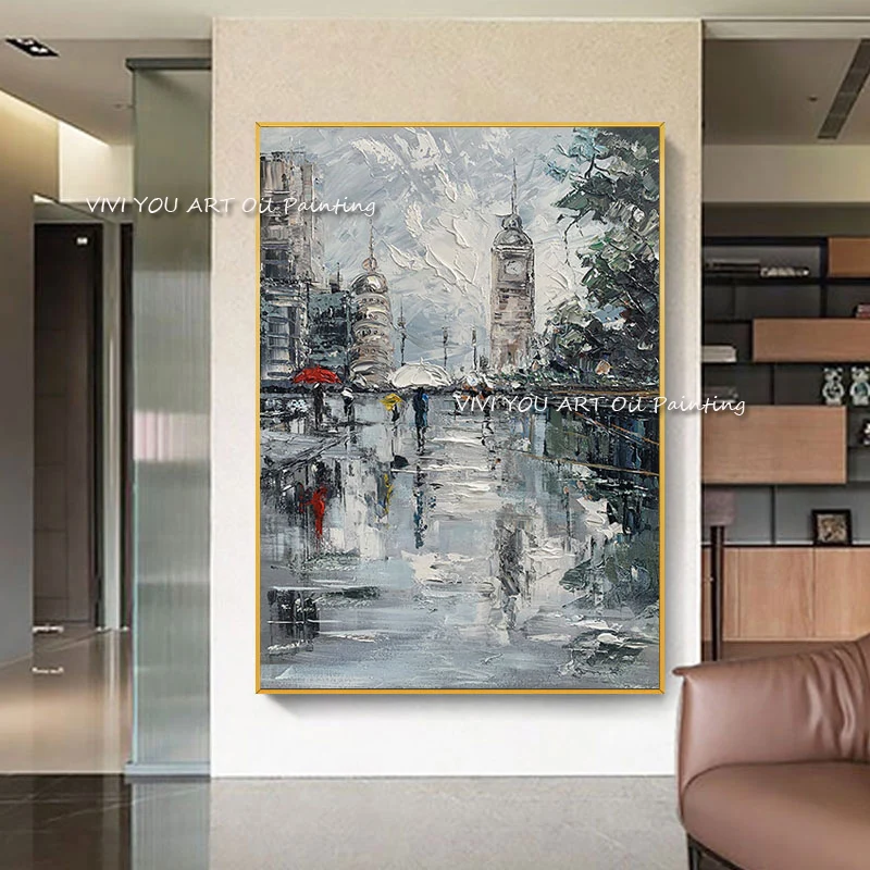 

Large 100% Handmade Abstract Modern City Building Oil Painting Grey Canvas Art Picture for Living Room Office Home Decoration