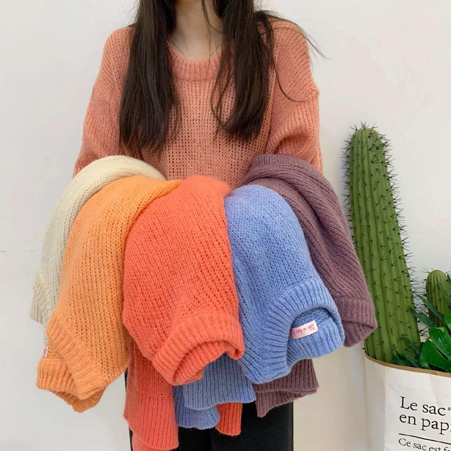 Легкий гиппокамп волос окат рукава свитер с круглым вырезом Джокер длинный рукав