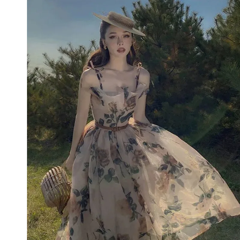 

Girl Sexy Dress 2021 Summer Elegant Dresses New Original Vintage Vestido Women Big Flower Collect Waist