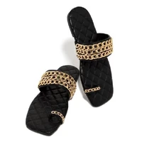 new ladies slippers 2021 summer slides fashion black metal chain decorated flat round toe women slides female beach shoes