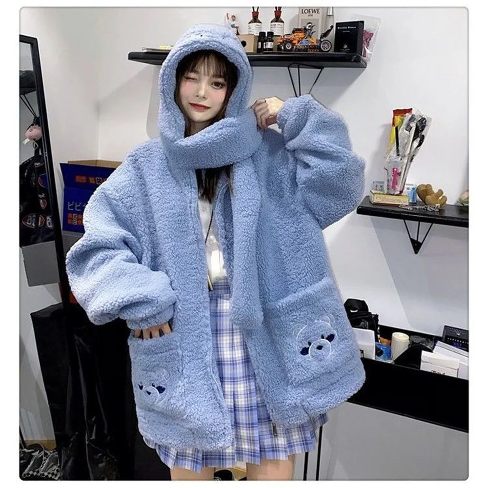 

Женская толстовка с капюшоном, с вышивкой медведя, кашемир ягненка, утепленная, кавайная уличная одежда в стиле Харадзюку, Женская толстовк...