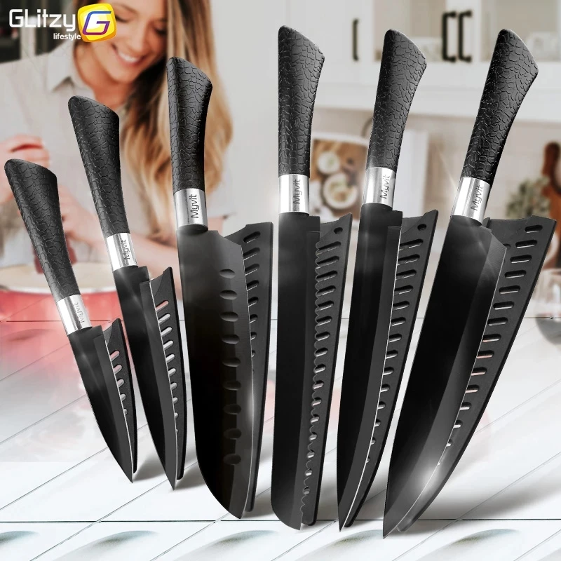 

Kitchen Knife Chef Bread Slicer Utility Santoku 7CR17 440C Non Stick Black Stainless Steel knives 3.5 5 7 8 Inch 1-6 pcs Set