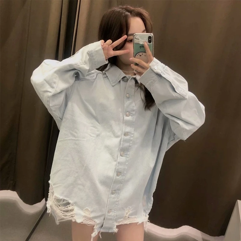 

AORRYVLA New Autumn Denim Jacket Solid Turn-down Collar Jean Jacket Turn-Down Collar Button Long Sleeve Womens Denim Blouse Top