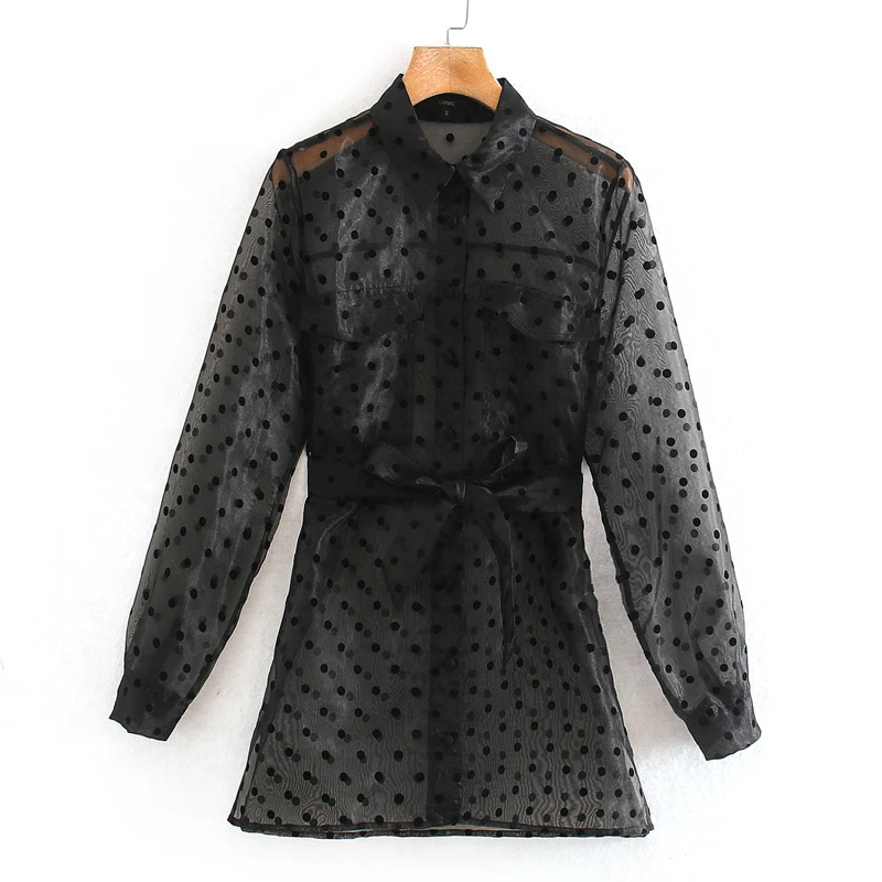 Винтажные сексуальные прозрачные блузки из органзы в горошек женские модные