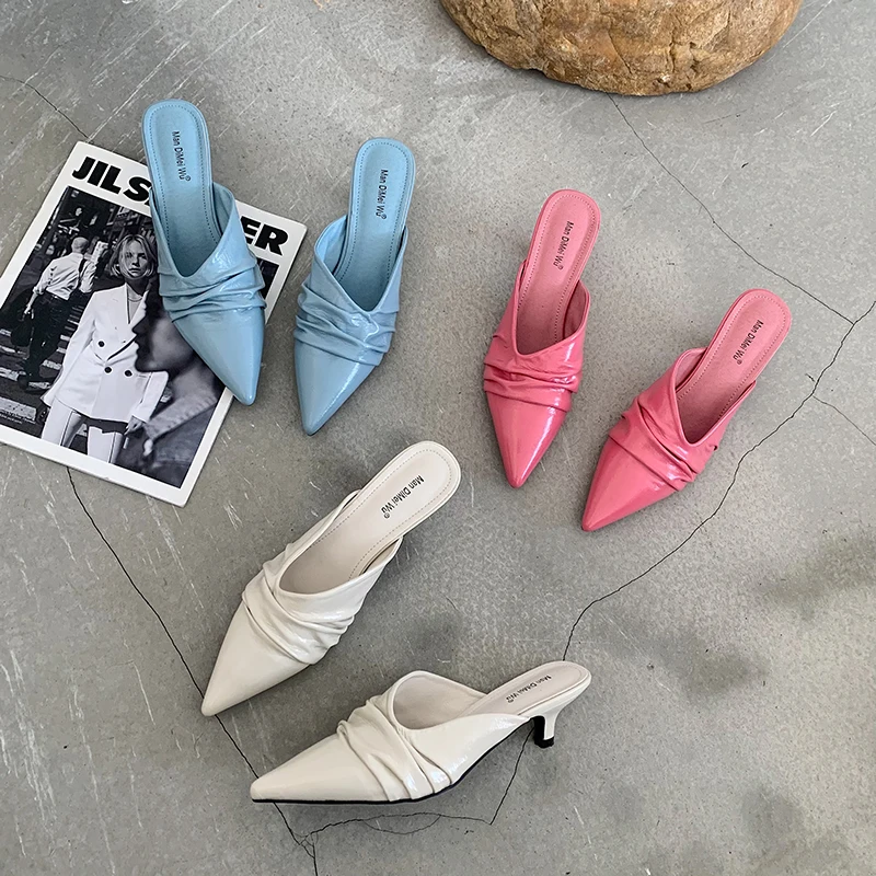 

Pointed Toe Fashion Women Slippers Thin Low Heels Pink/Blue/White Shallow Slippers Mules Casual Slides Elegant Slides Mules Shoe