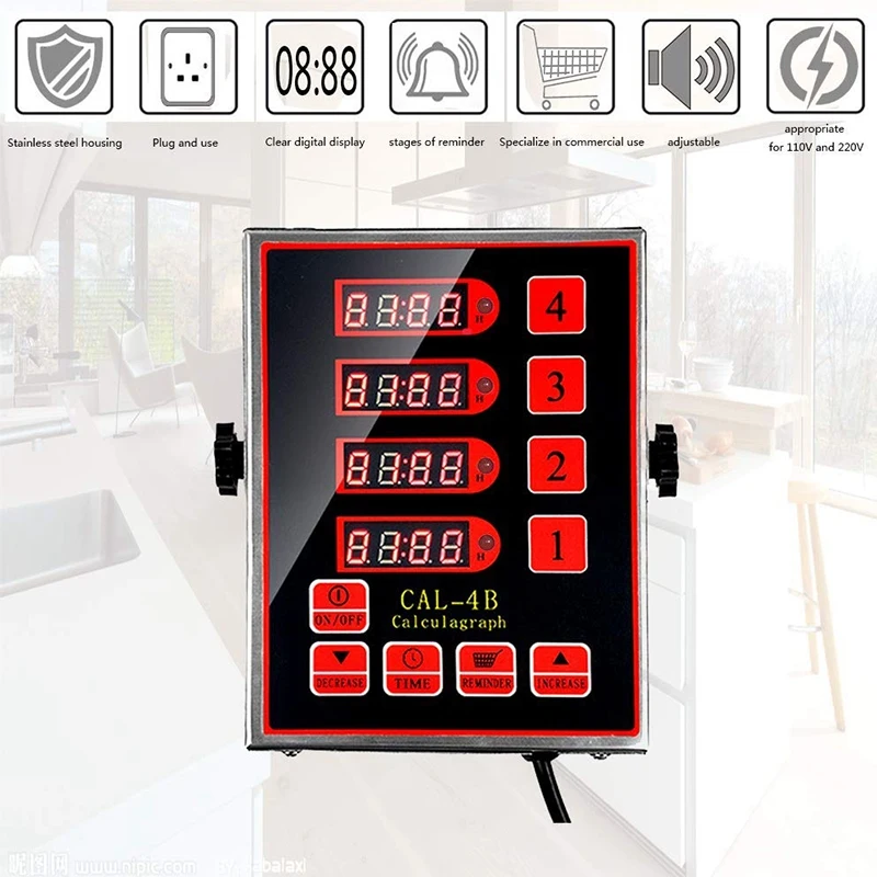 US Plug Commercial 4 Channel Kitchen Timer Restaurant Loud Alarm Adjustable Cooking Reminder Stainless Steel Clear LED Di | Инструменты