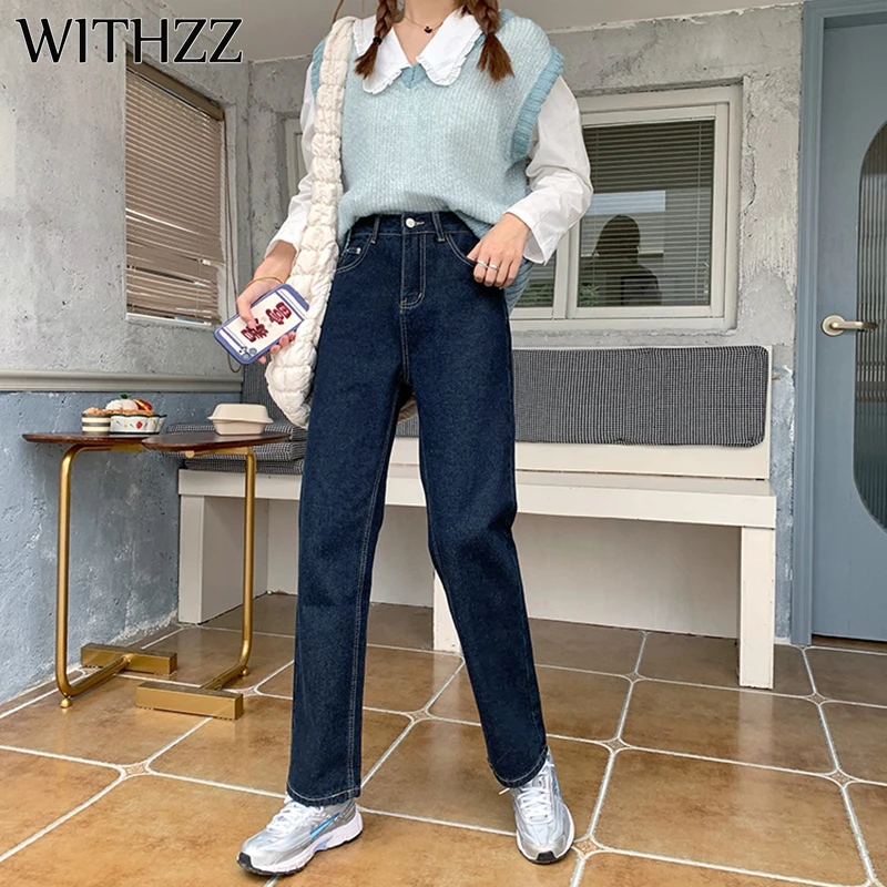 

WITHZZ Autumn Winter Women's High Waist Trousers Straight Thin Fleece Warm Jeans
