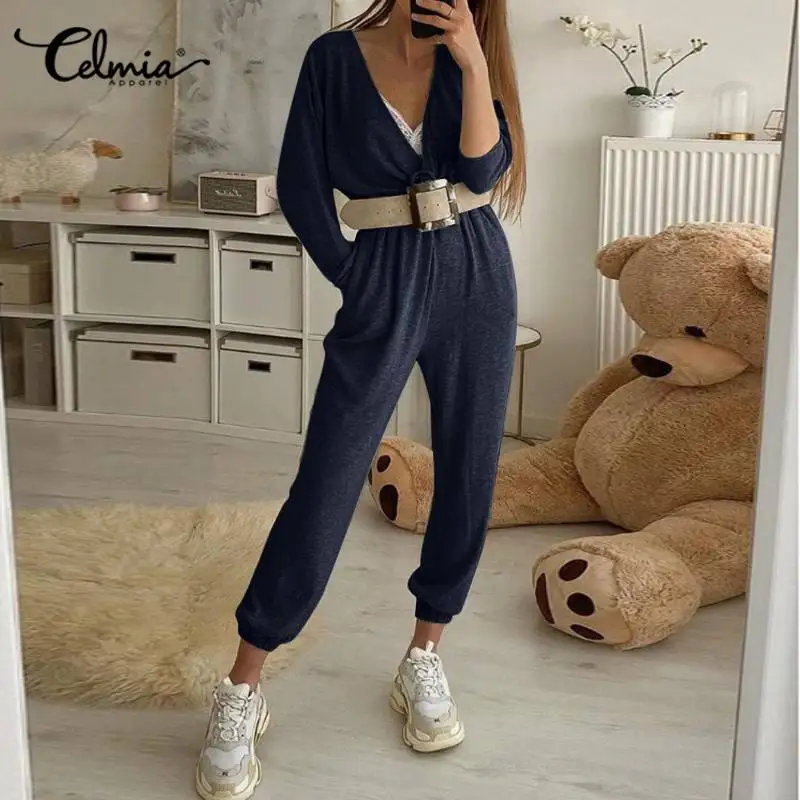 

Пикантные комбинезоны с глубоким V-образным вырезом, женские винтажные повседневные брюки-шаровары Celmia с длинным рукавом, модные повседнев...