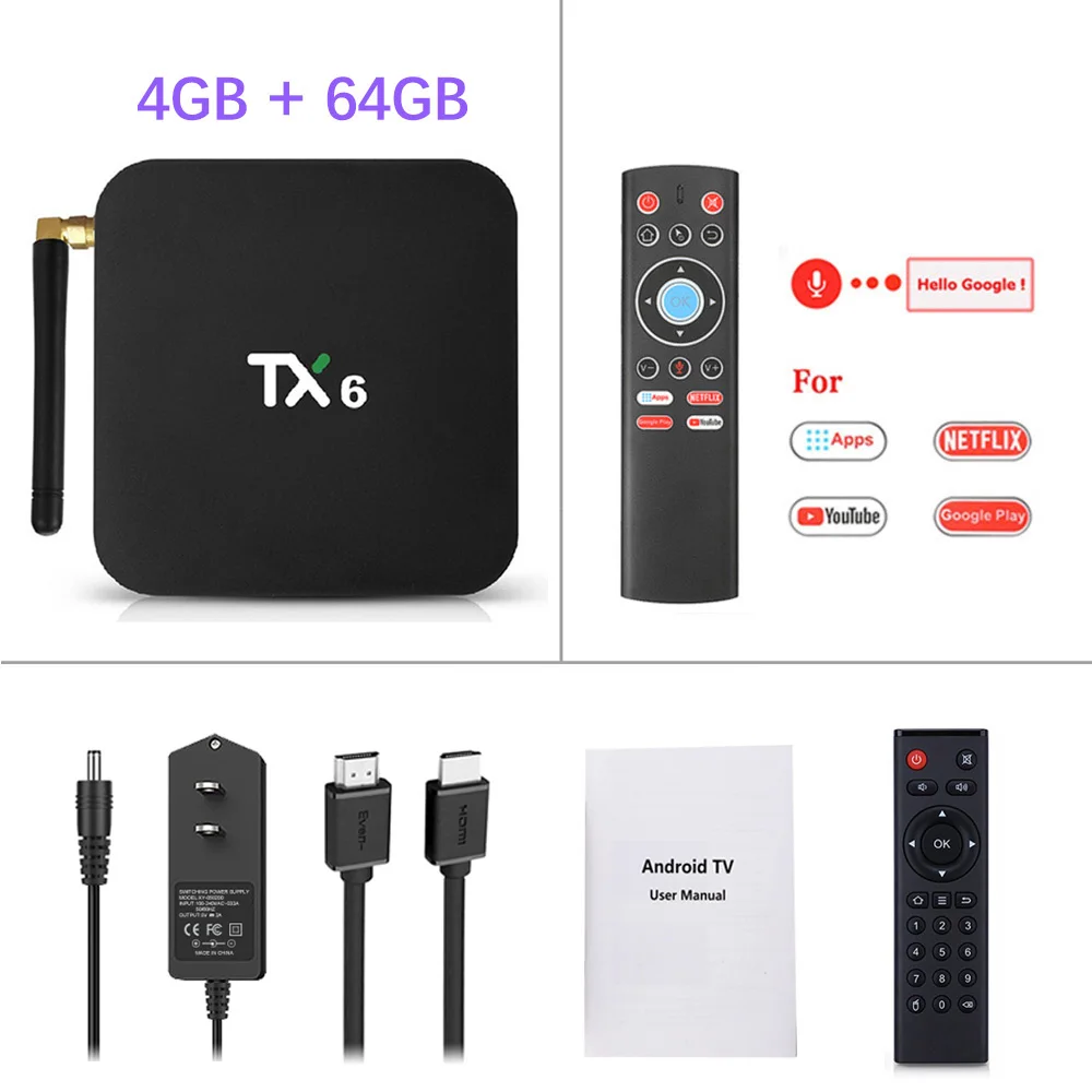 4G 64G T1 Voice remo Android 9,0 ТВ приставка TX6 4 Гб 64 Гб 5,8G Wifi Allwinner H6 четырехъядерный USD3.0 BT4.2 4K Google Play Youtube телеприставка TX6 Netflix Med - Цвет: 4G 64G T1 Voice remo