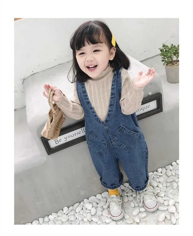 Denim blue Осенний длинный комбинезон в Корейском стиле, однотонный комбинезон для девочек - Цвет: Denim blue