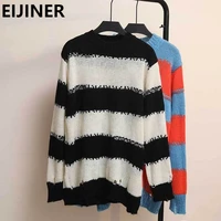 black white striped mohair pullover knitted sweater women mid length loose lazy jumpers autumn fashion harajuku vintage sweater