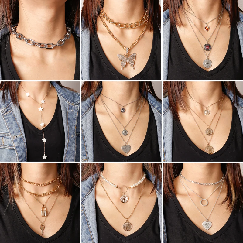 

Trendy Multilayer Crystal Star Butterfly Necklaces for Women Lock Heart Choker Necklaces Pendants Sweater Chain Jewelry Girl