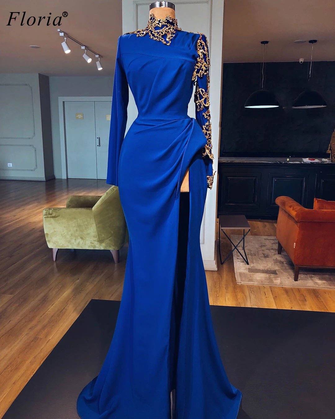 Мусульманское Королевское синее официальное вечернее платье с длинным рукавом