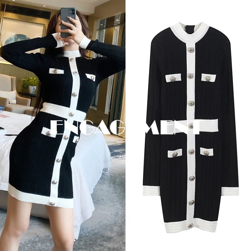 

ENGAGEMENT 2021 Retro Long Sleeve Knit Dress Women Slim Slim Waist Fall/winter New Skirt
