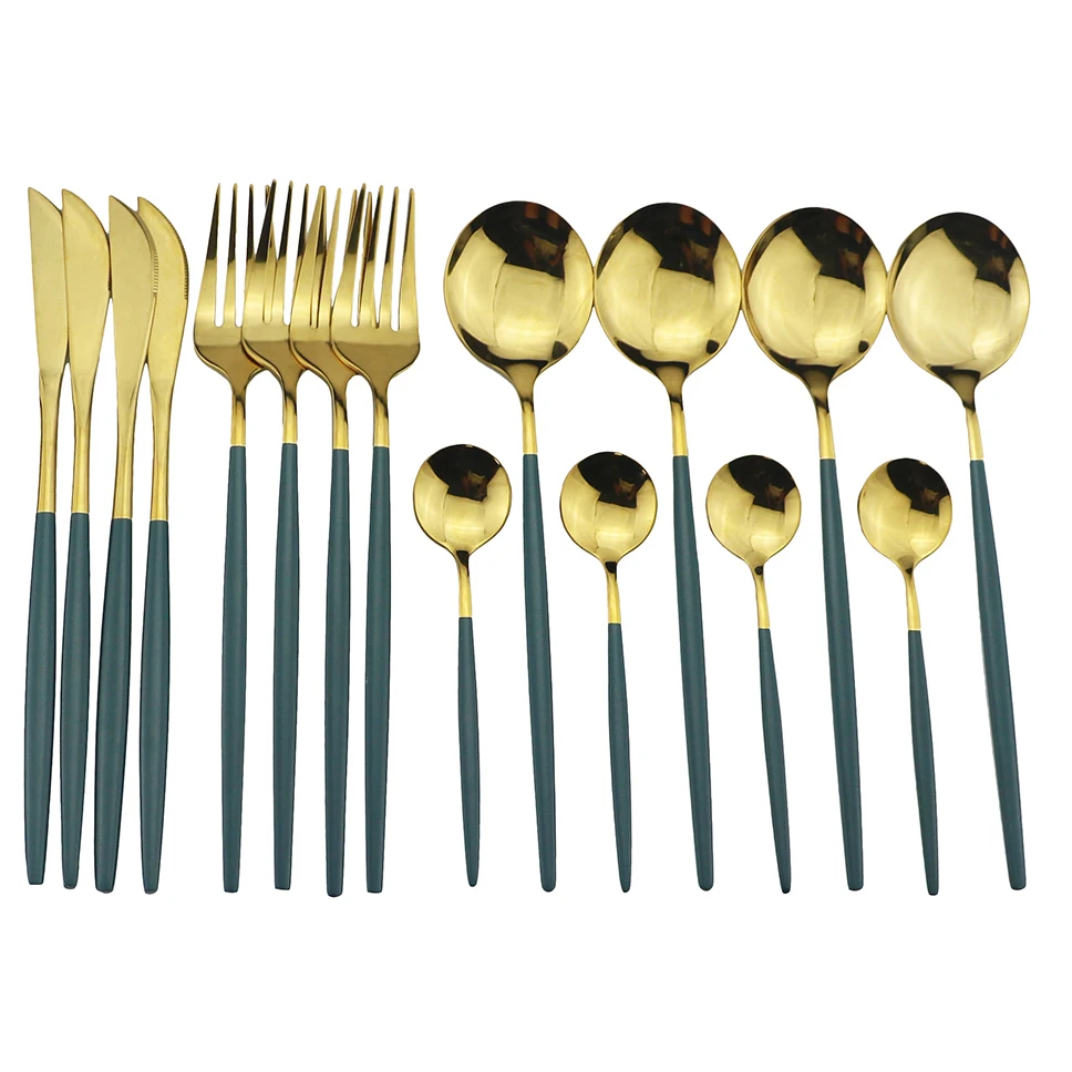 

16Pcs Green Gold Cutlery Set 304 Stainless Steel Dinnerware Set Gold Tableware Kitchen Silverware Mirror Colorful Flatware Set
