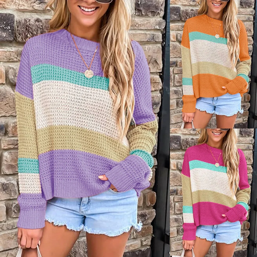 

FREE OSTRICH Patchwork Sweater For Women O-Neck Long-sleeve Top 2020 Autumn Women's Clothing Casual Fall Winter Knitwear