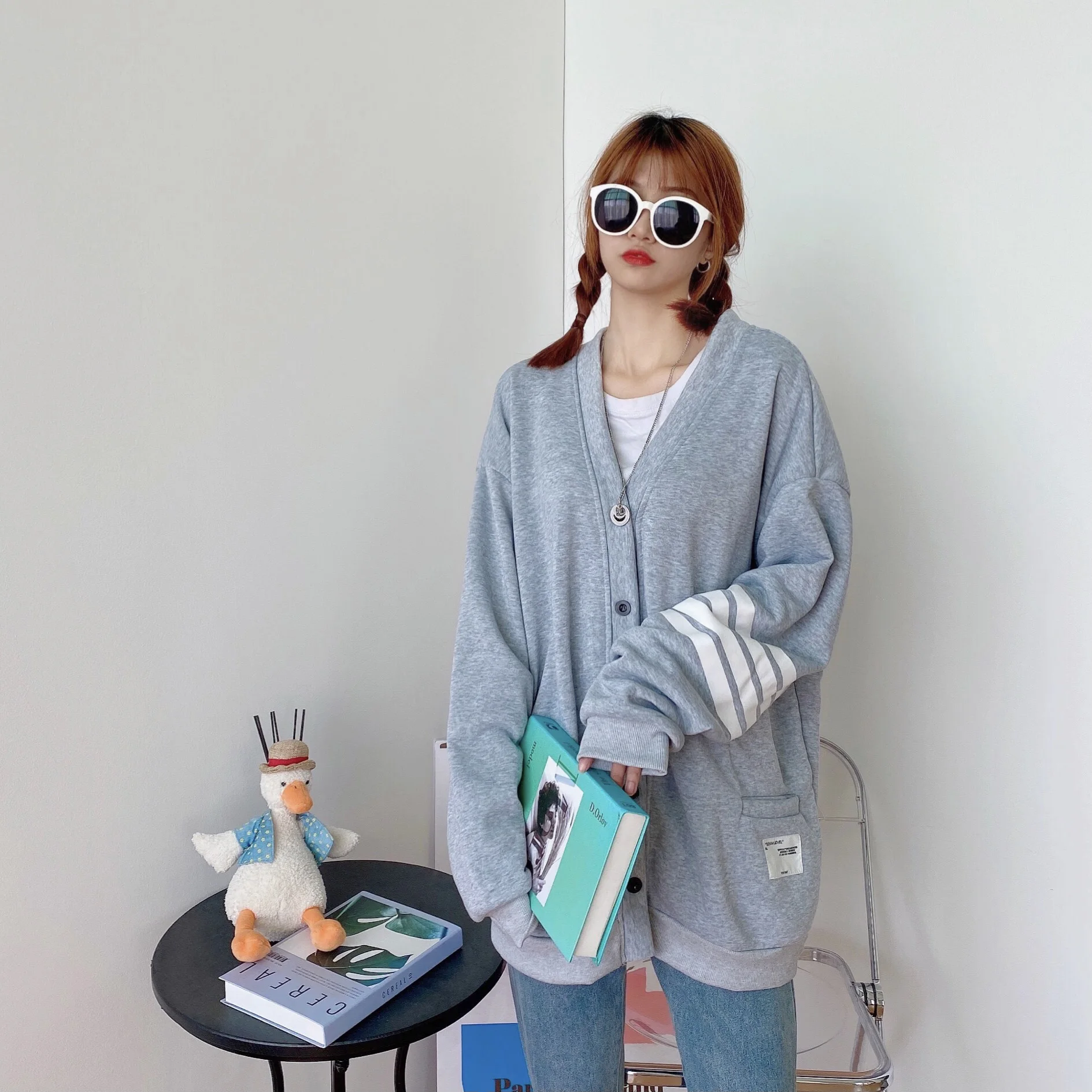 Harajuku Hoodies Women with Buttons V Collar Stripe Sweatshirt Warm Fresh Sweetshirt for Girls Loose Students Korean Style Chic