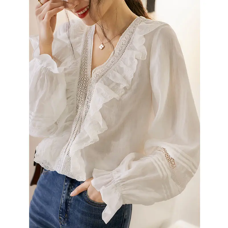 

Женская рубашка с рюшами и V-образным вырезом, белая рубашка в дворцовом стиле, лето 2021