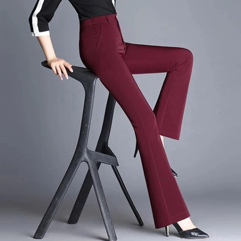 Женские эластичные брюки-клеш с высокой талией однотонные Весенние Брюки-клеш
