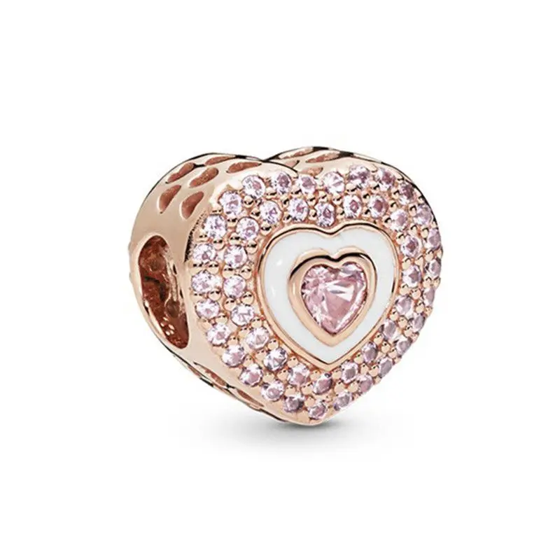 

1Pcs New Pretty Pink Rhinestone Heart Pendant DIY Beads Suitable for Original Pandora Charm Bracelet Ladies Jewelry Making Gifts