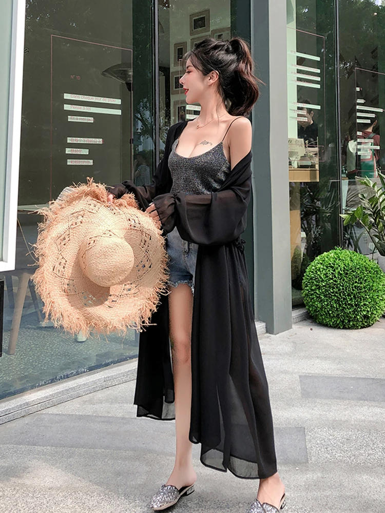 Женское шифоновое пальто с оборками и длинным рукавом свободного покроя |