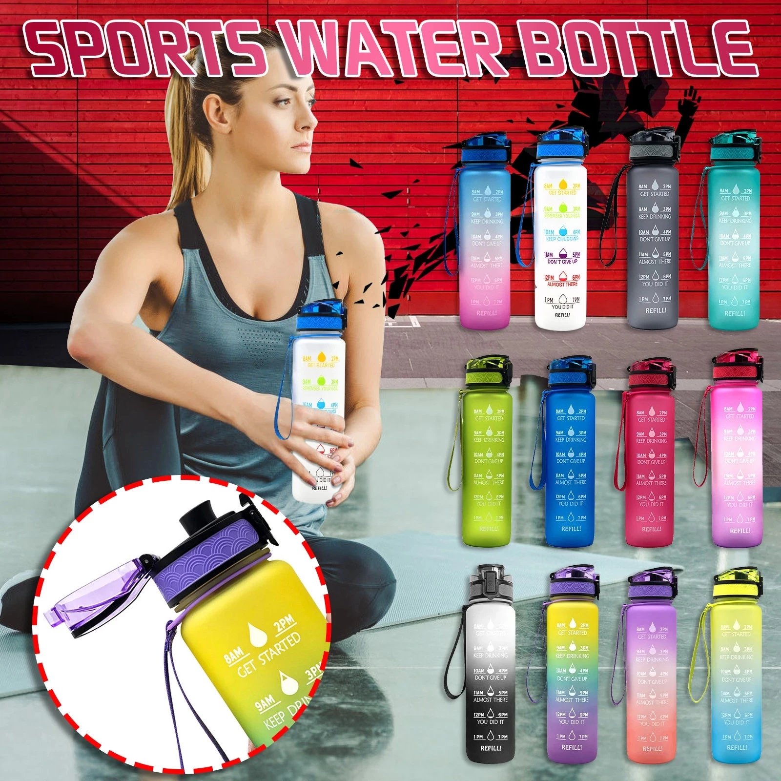 

Sport Water Bottle 1L Large Capacity Tritan Outdoor Sports Motivational Time Marker Portable Fitness Scale Reminder Leakproof