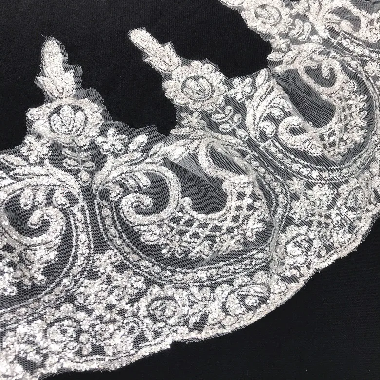 

Luxury Shiny Sequin Lace Trim Fabric For Evening Gown Materials Elegant White Wedding Dress GlitterTulle Mesh