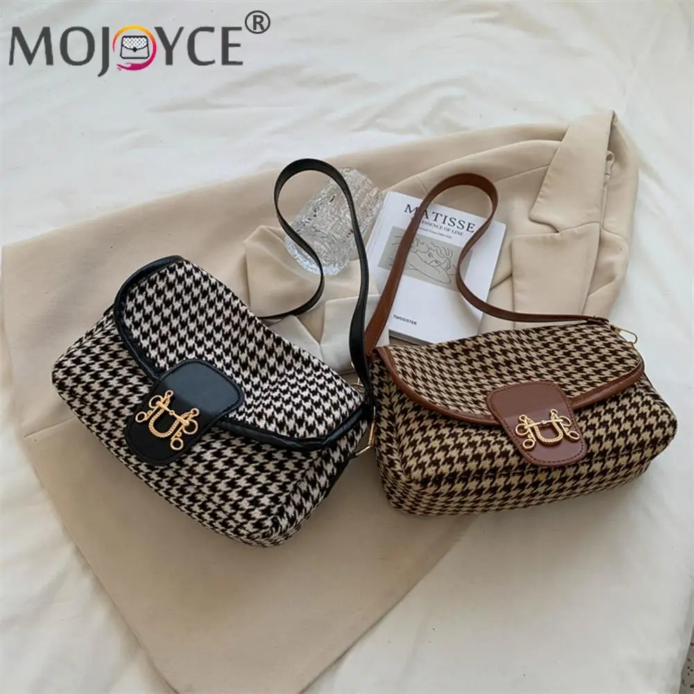 

Vintage Houndstooth Print Women Shoulder Underarm Bag Portable Woolen Cloth Small Flap Handbags Fashion Travel Hasp Purse