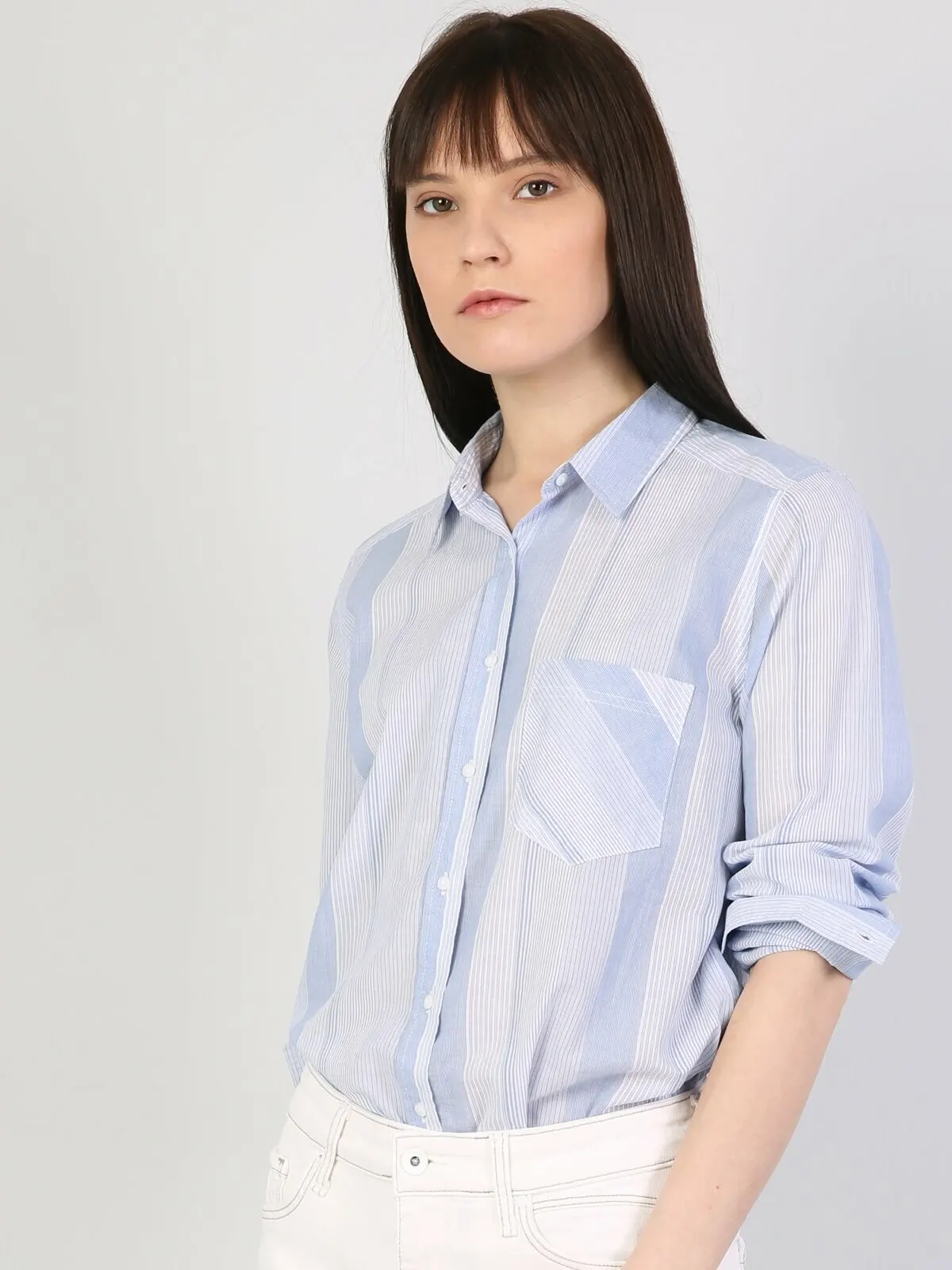 

Colins Woman Regular Fit Blue Long Sleeve Shirtfemale fashion shirt women,CL1042886