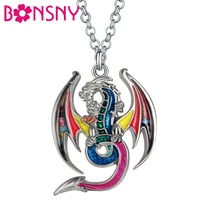 bonsny enamel alloy cute long dinosaur mythical dragon necklace pendant punk chain trendy jewelry for women men teens charm gift