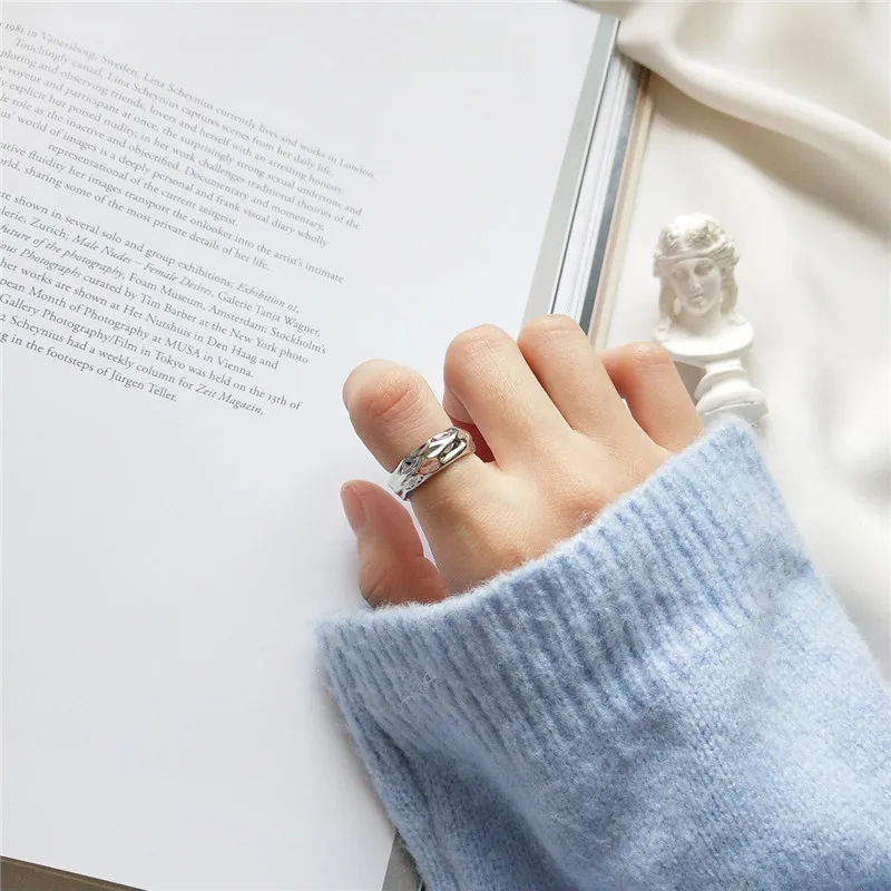 

OBEAR 100% 925 Sterling Silver Concave Convex Rings Silver Texture Irregular Foil Paper Female Open Rings Jewelry Gift
