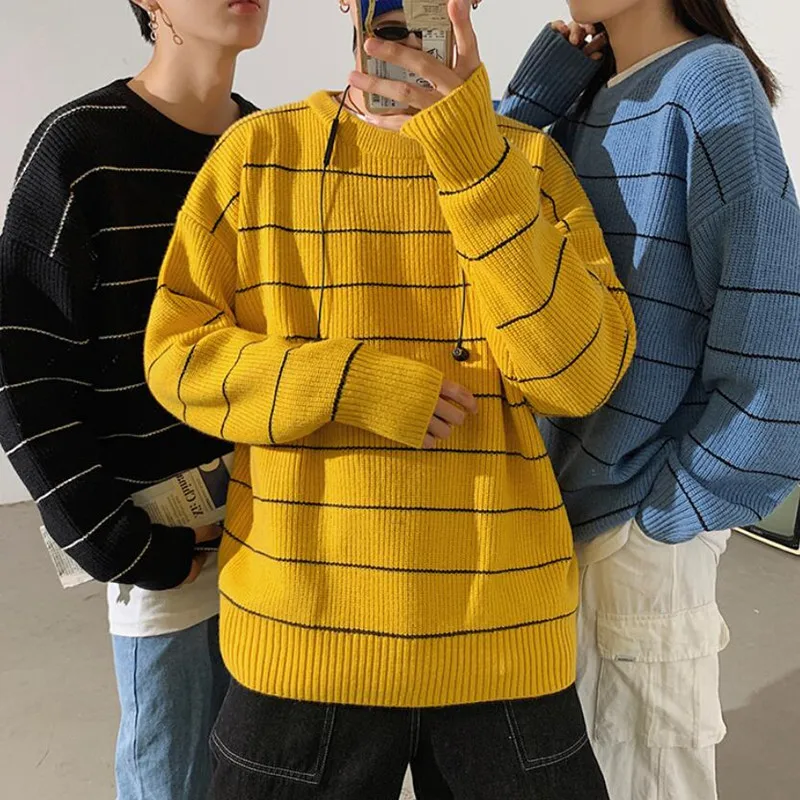 

2021New Casual Sweater Men Harajuku stripe Knitted Pullover Mens Autumn Winter Fashion Sweaters Round Neck Long Sleeve Male Tops