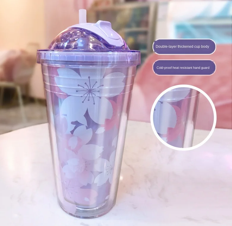 Романтичная бутылка для воды Сакура двухслойная Милая с соломинкой без БФА