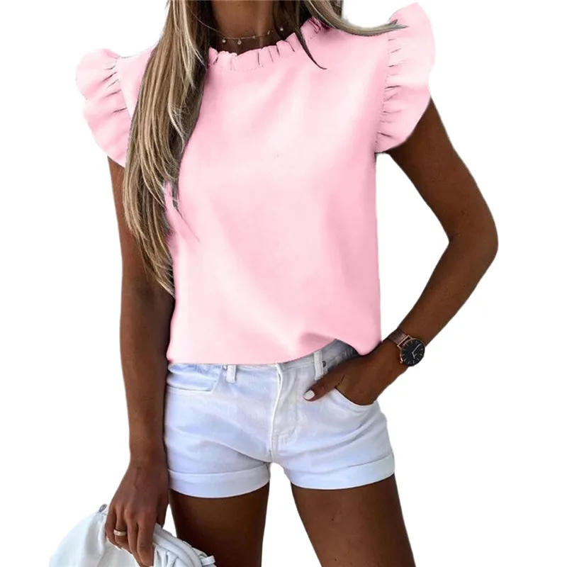 

2020 Summer Women Ruffles T-shirt Office Top Streetwear Female Holiday Girls T Shirts Solid Color Fly Sleeve Big Size Blouse 2XL