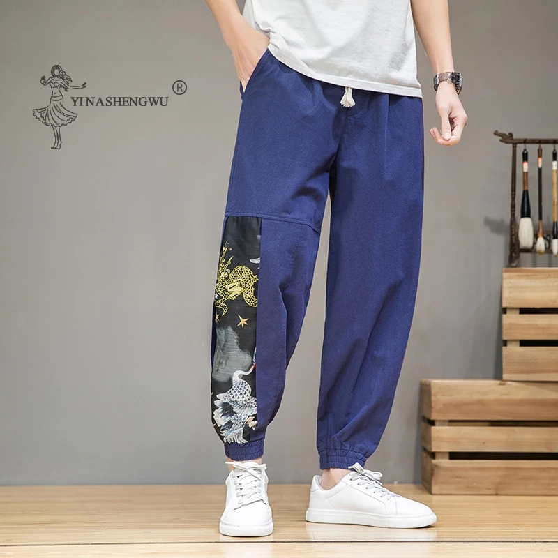 

Japanese Crane Kimono Men Pants Loose Harajuku Trousers Japan Traditional Asian Clothing Yukata Style Embroidered Harem Costume