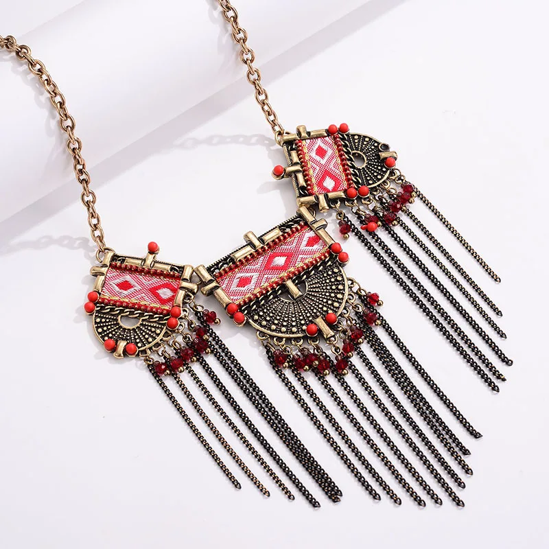 Shineland ретро этнические богемные бусы из ткани с длинной кисточкой ожерелье для